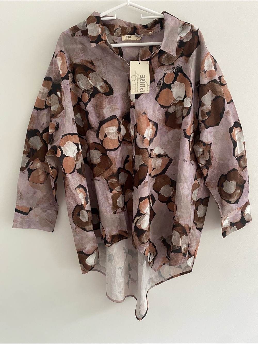Pure by Ulla Popken Organic Cotton Button Down Shirt Asymmetrical Marbled 28/30